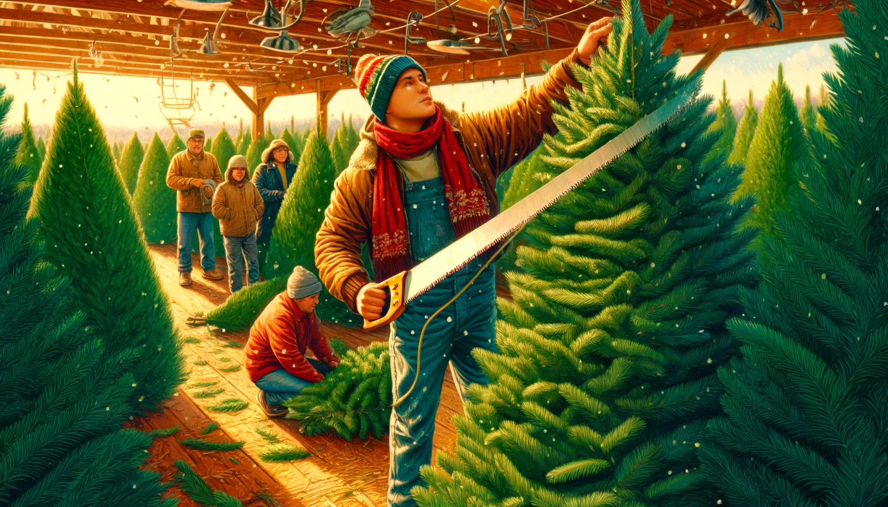 Christmas Tree Farms - A vivid and detailed wide aspect closeup illustration of a scene at a Texas Christmas Tree Farm. The image focuses on a family in the pro4