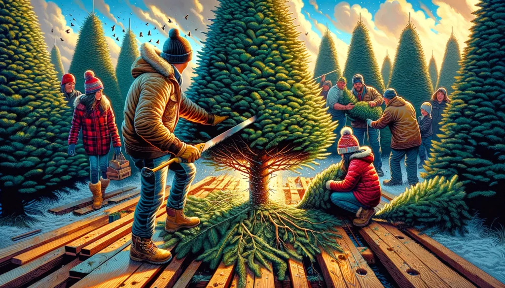 Christmas Tree Farms - A vivid and detailed wide aspect closeup illustration of a scene at a Texas Christmas Tree Farm. The image focuses on a family in the pro4