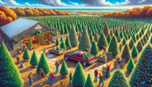 Christmas Tree Farms - A vivid and detailed wide aspect illustration of a Texas Christmas Tree Farm. The scene showcases a sprawling farm with rows of Christmas2