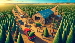 Christmas Tree Farms - A vivid and detailed wide aspect illustration of a Texas Christmas Tree Farm. The scene showcases a sprawling farm with rows of Christmas2